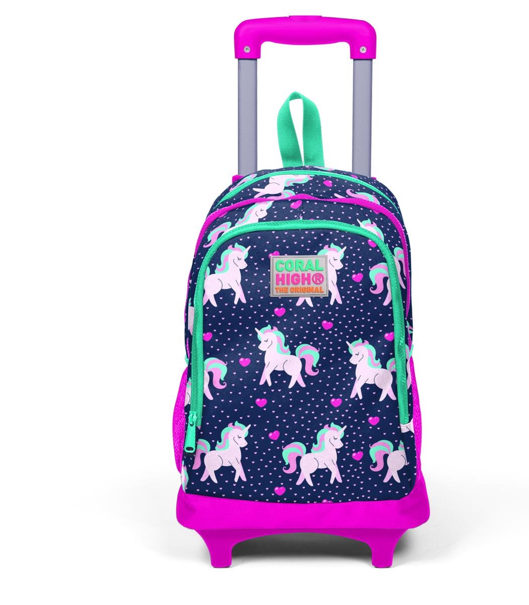 Coral High Kids Three Compartment Squeegee School Backpack - Navy Pink Unicorn Patterned