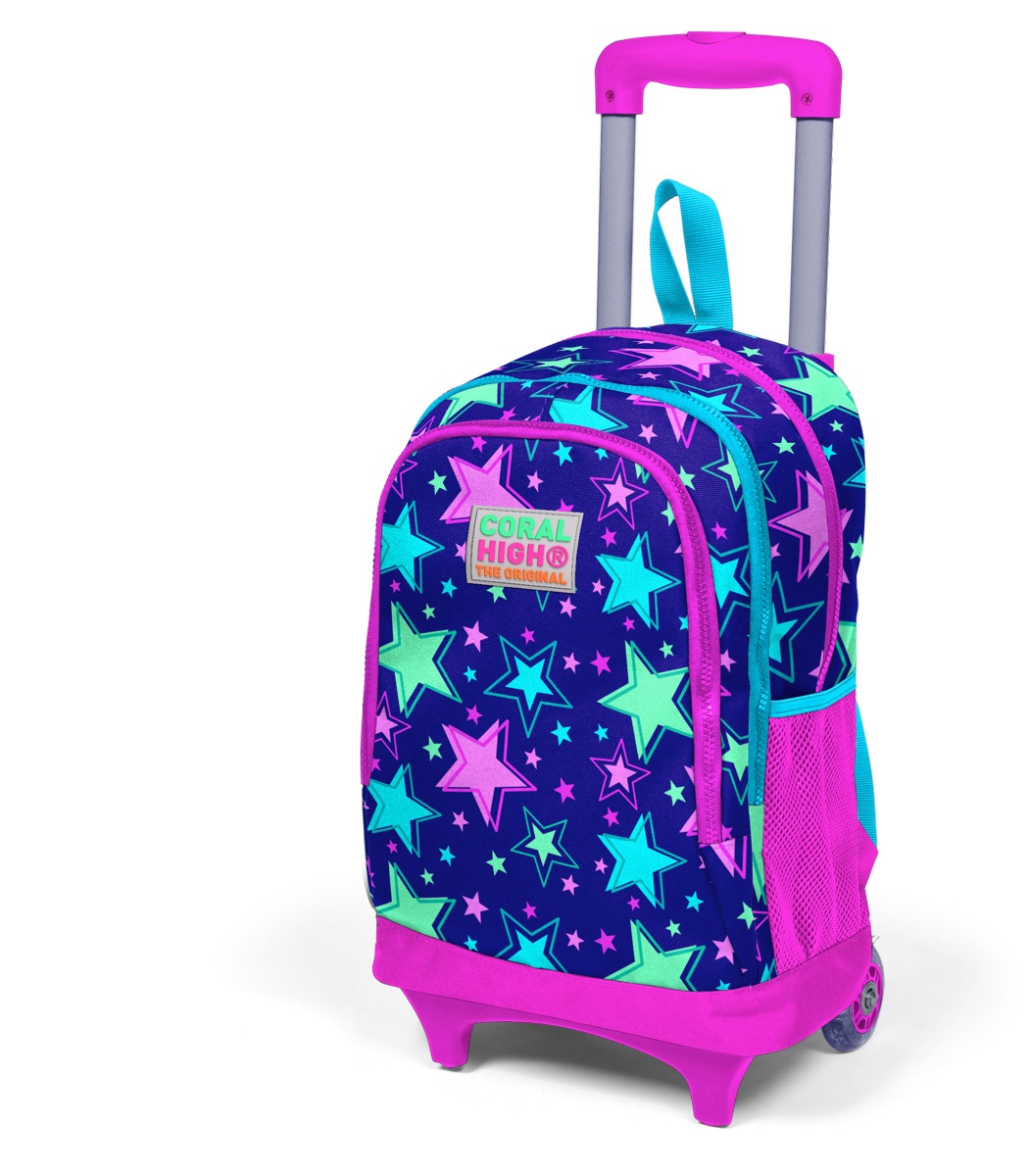 Coral High Kids Three Compartment Squeegee School Backpack - Saks Pink Star Patterned