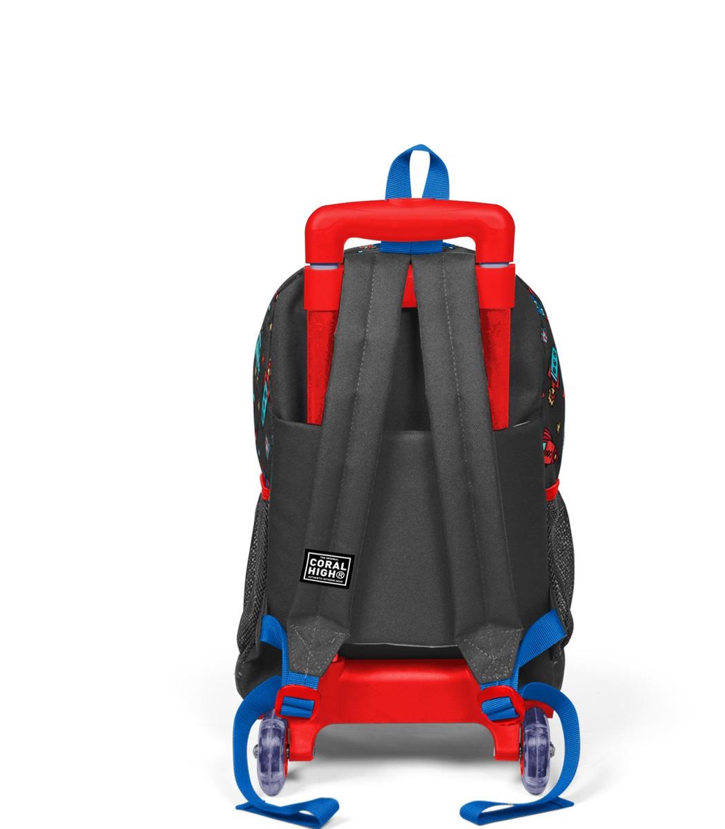 Coral High Kids Three Compartment Squeegee School Backpack - Dark Gray Red Space Pattern