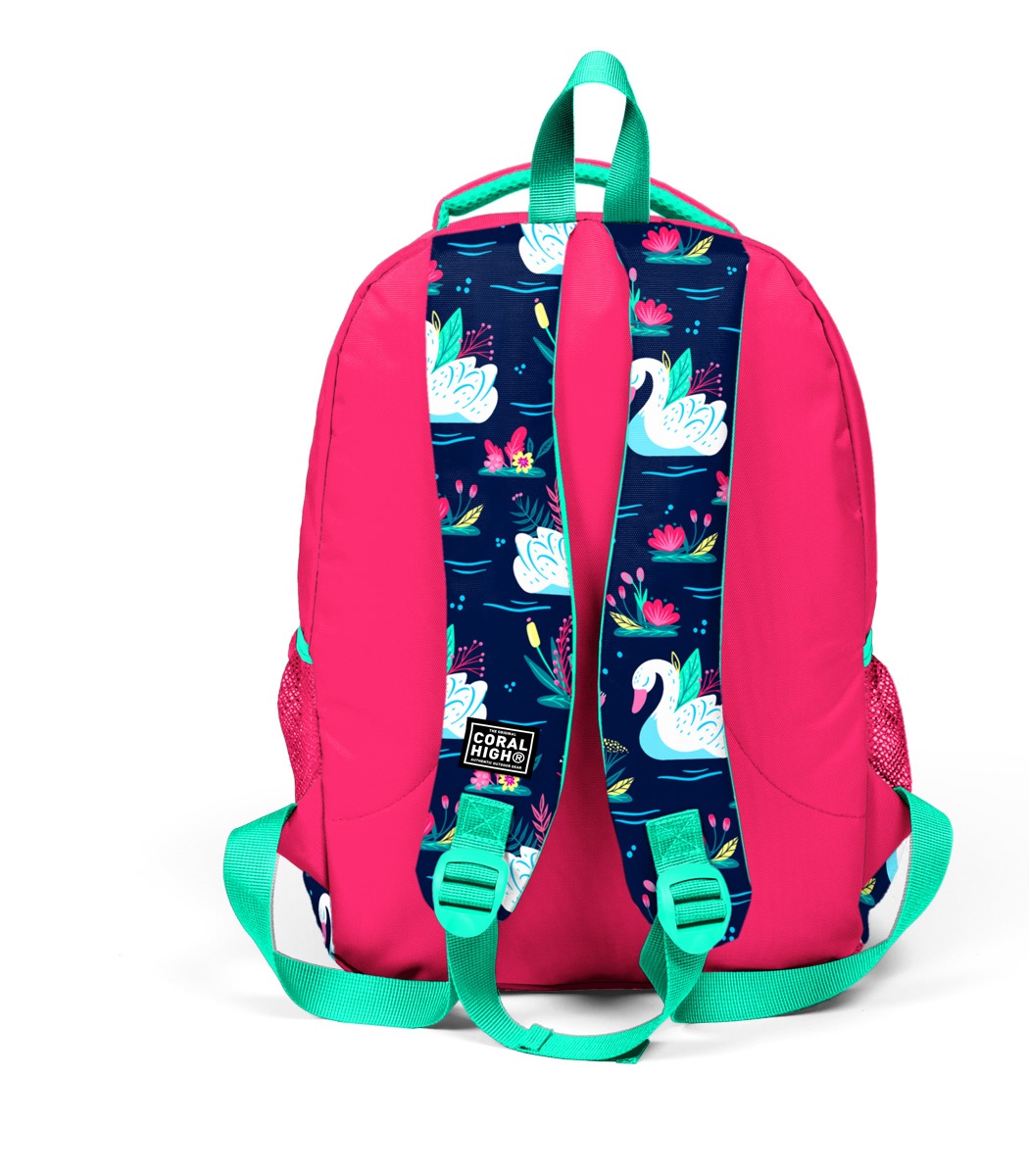 Coral High Kids Three Compartment School Backpack - Neon Coral Navy Blue Swan Pattern