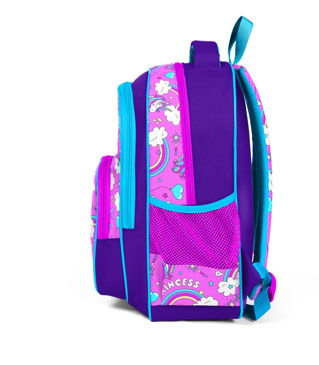 Coral High Kids Three Compartment School Backpack - Purple Light Pink Unicorn Patterned