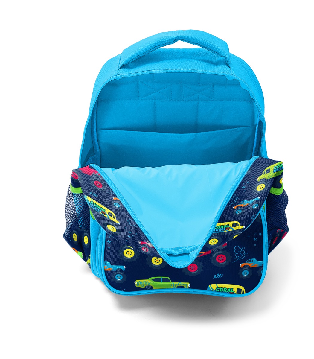 Coral High Kids Three Compartment School Backpack - Blue Navy Monster Truck Patterned