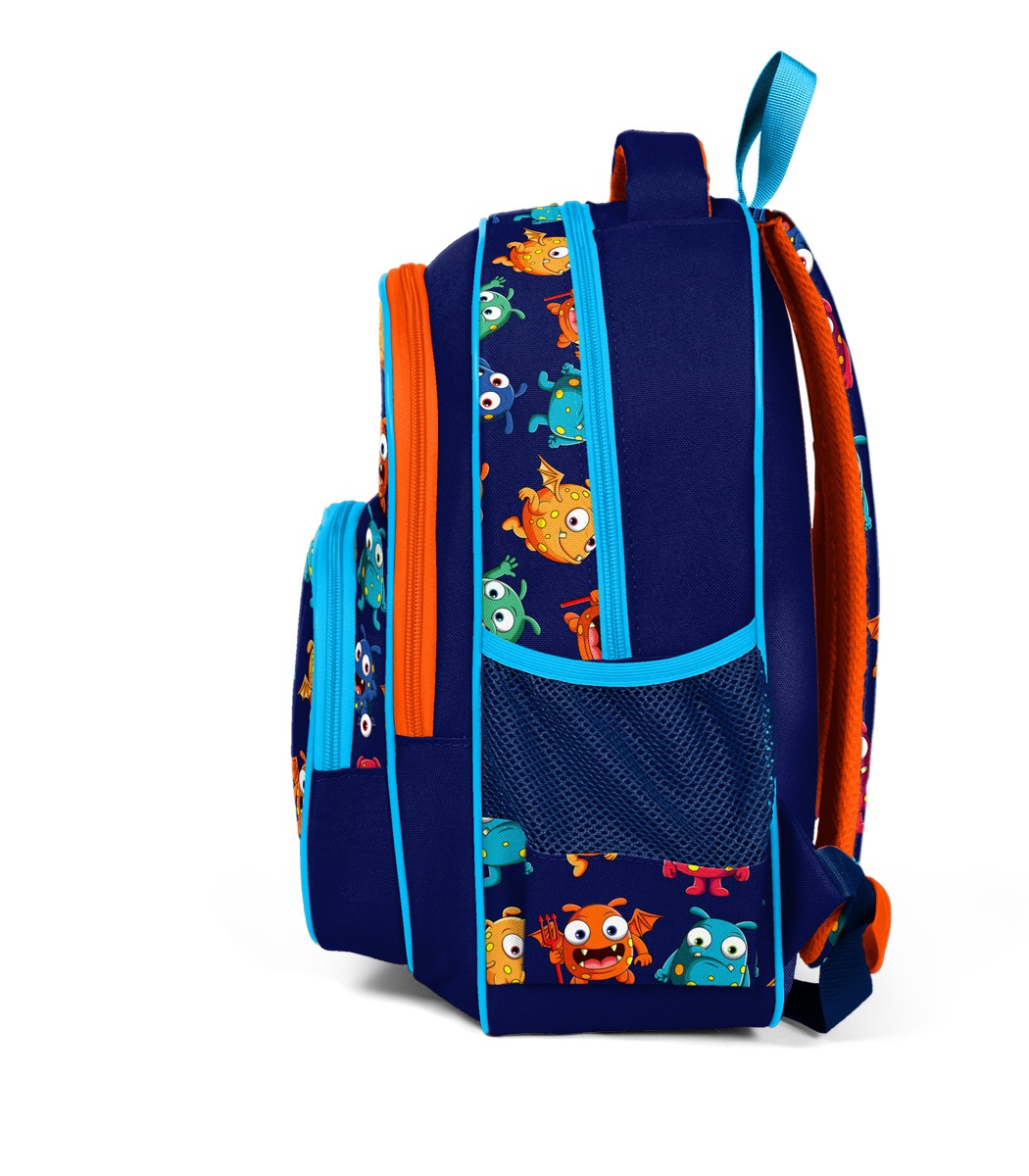 Coral High Kids Three Compartment School Backpack - Navy Blue Monster Pattern