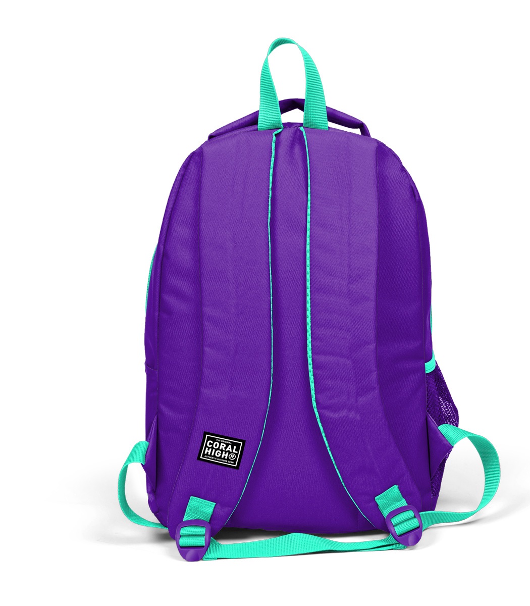 Coral High Kids Three Compartment USB School Backpack - Purple Water Green Unicorn Patterned