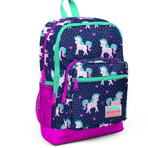 Coral High Kids Four Compartment School Backpack - Navy Pink Unicorn Patterned