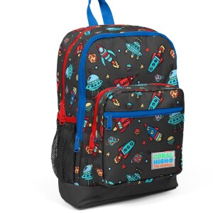 Coral High Kids Four Compartment School Backpack - Dark Gray Red Space Pattern