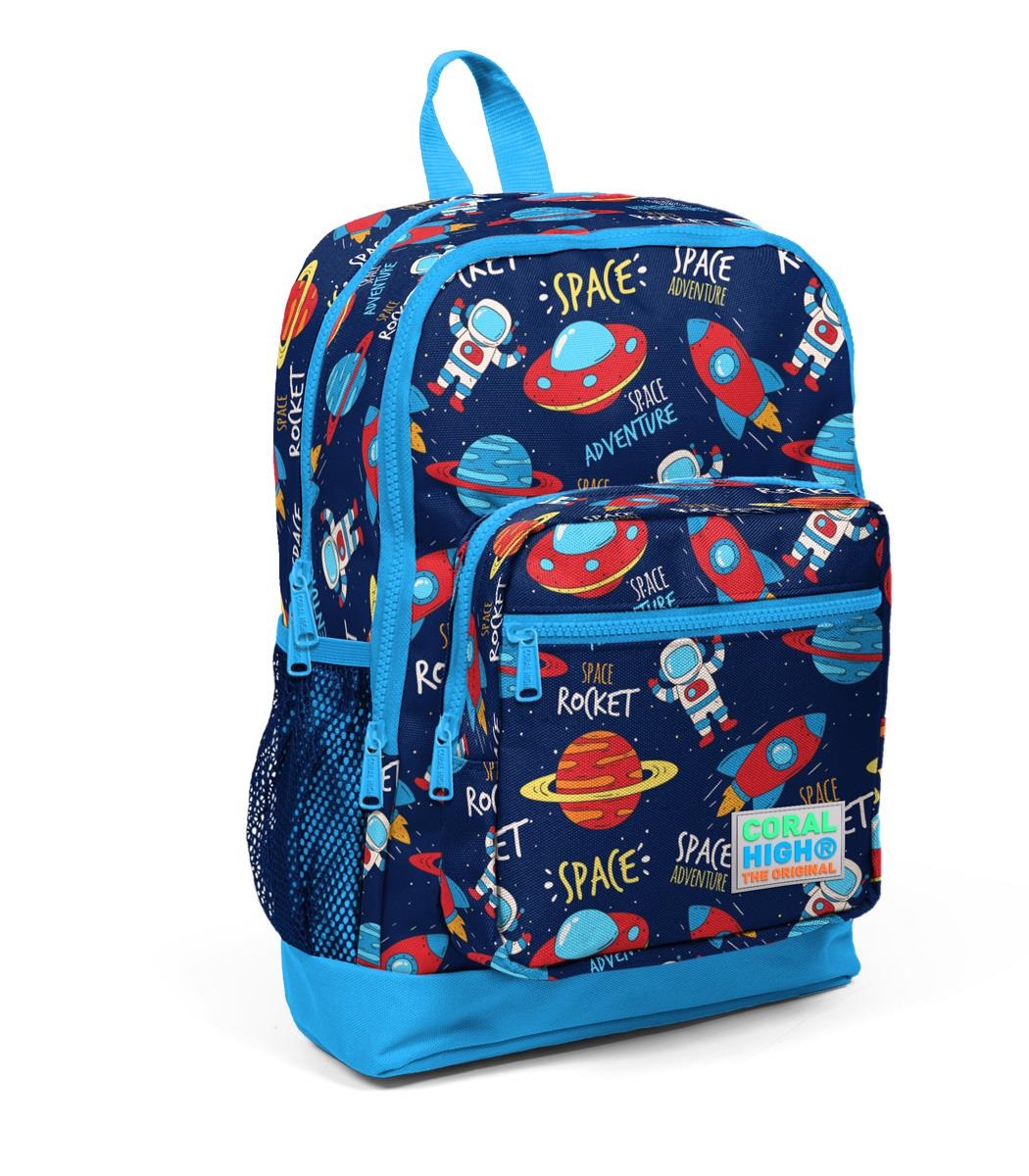 Coral High Kids Four Compartment School Backpack - Navy Blue Space Pattern