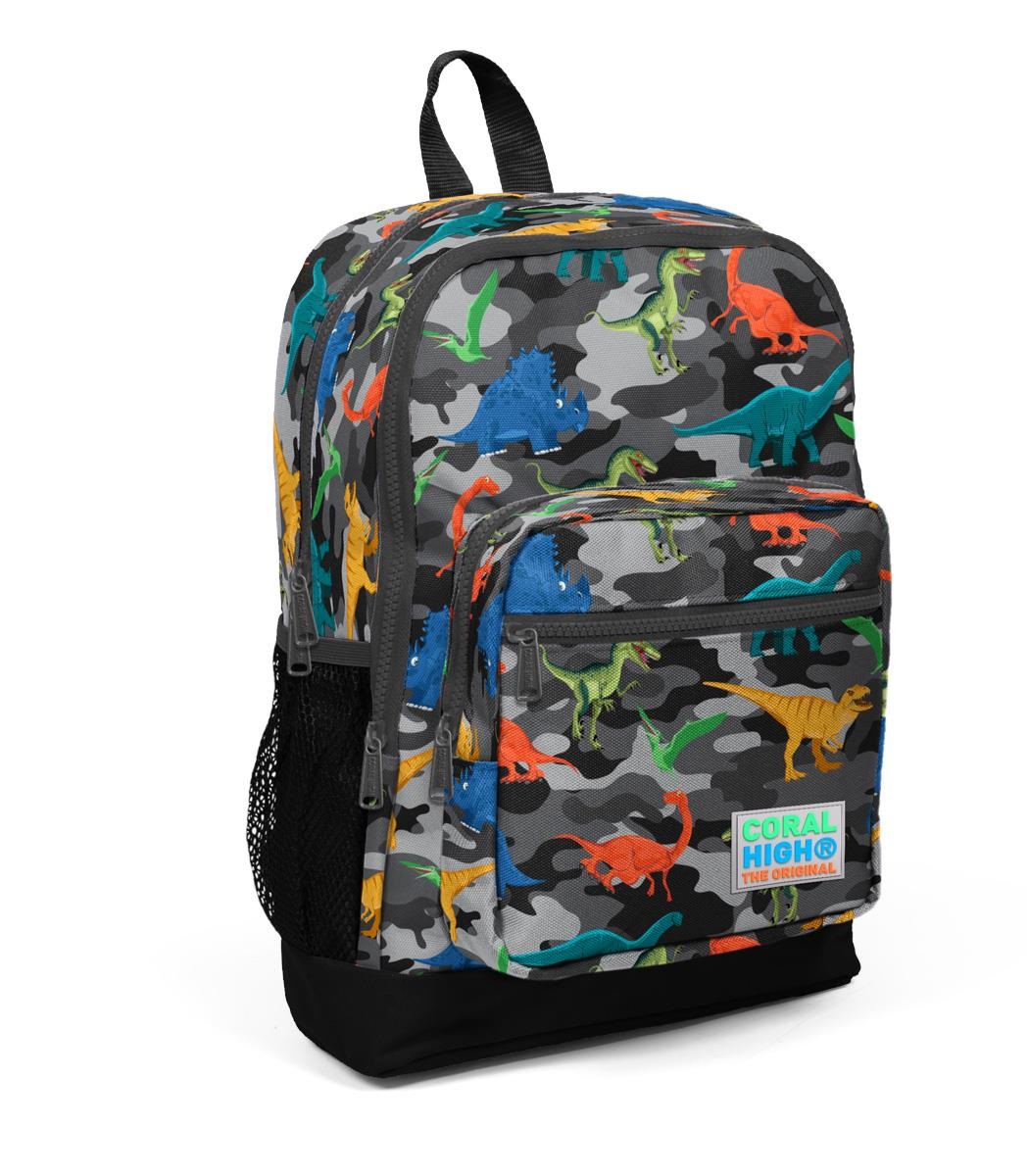 Coral High Kids Four Compartment School Backpack - Dark Gray Black Camouflage Dinosaur Pattern