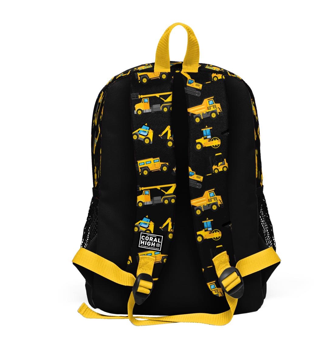 Coral High Kids Four Compartment School Backpack - Black Yellow Backhoe Patterned