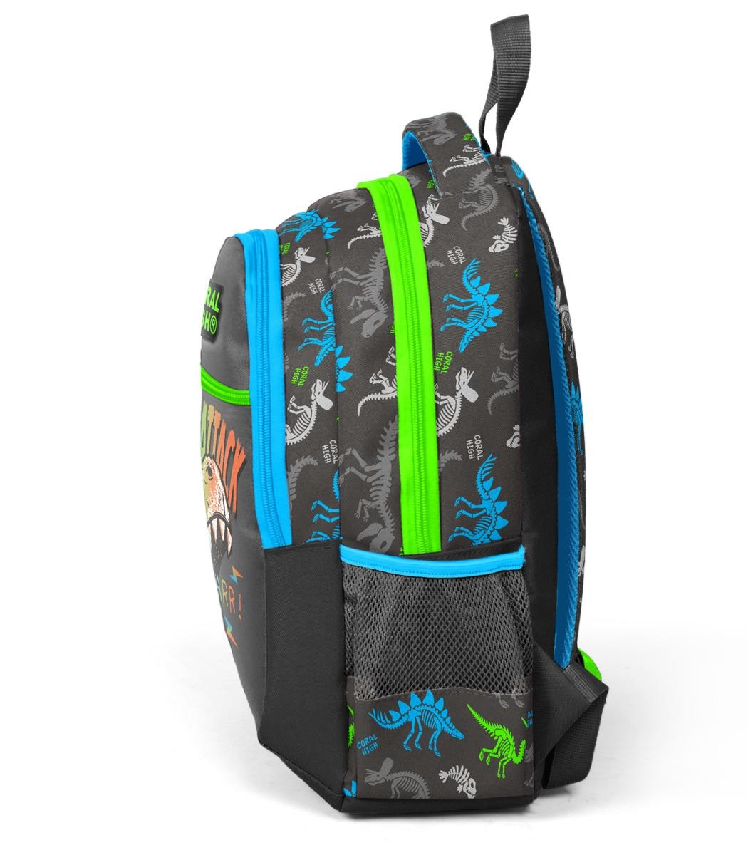 Coral High Kids Three Compartment School Backpack - Gray Dinosaur Patterned