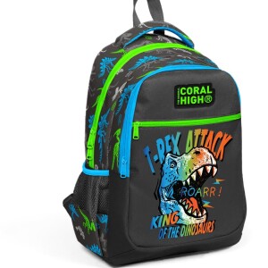 Coral High Kids Three Compartment School Backpack - Gray Dinosaur Patterned