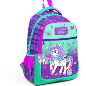 Coral High Kids Three Compartment School Backpack - Purple Water Green Unicorn Patterned