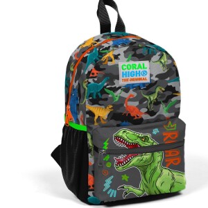 Coral High Kids Two Compartment Small Nest Backpack - Black Gray Dinosaur Pattern
