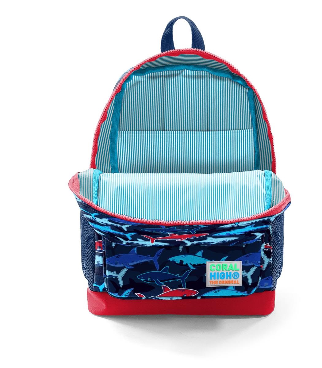 Coral High Kids Four Compartment School Backpack - Navy Red Shark Pattern