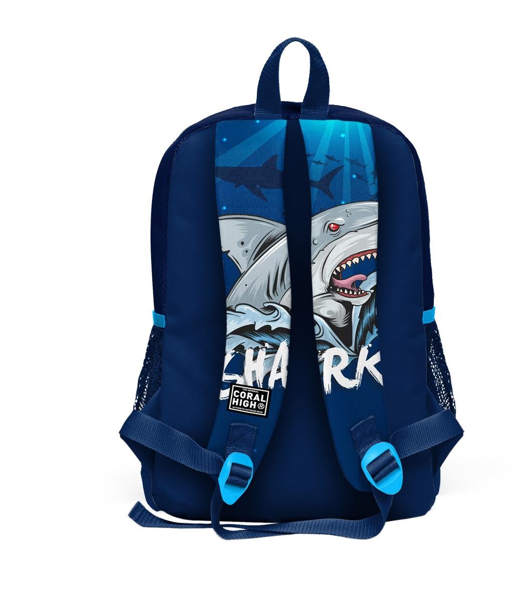 Coral High Kids Four Compartment School Backpack - Navy Blue Shark Pattern