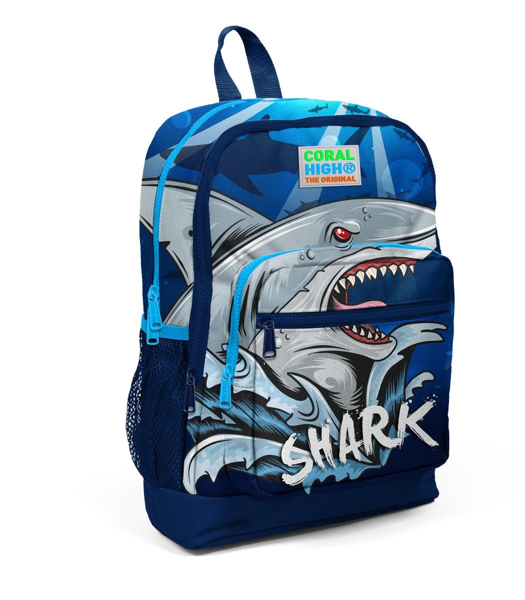 Coral High Kids Four Compartment School Backpack - Navy Blue Shark Pattern