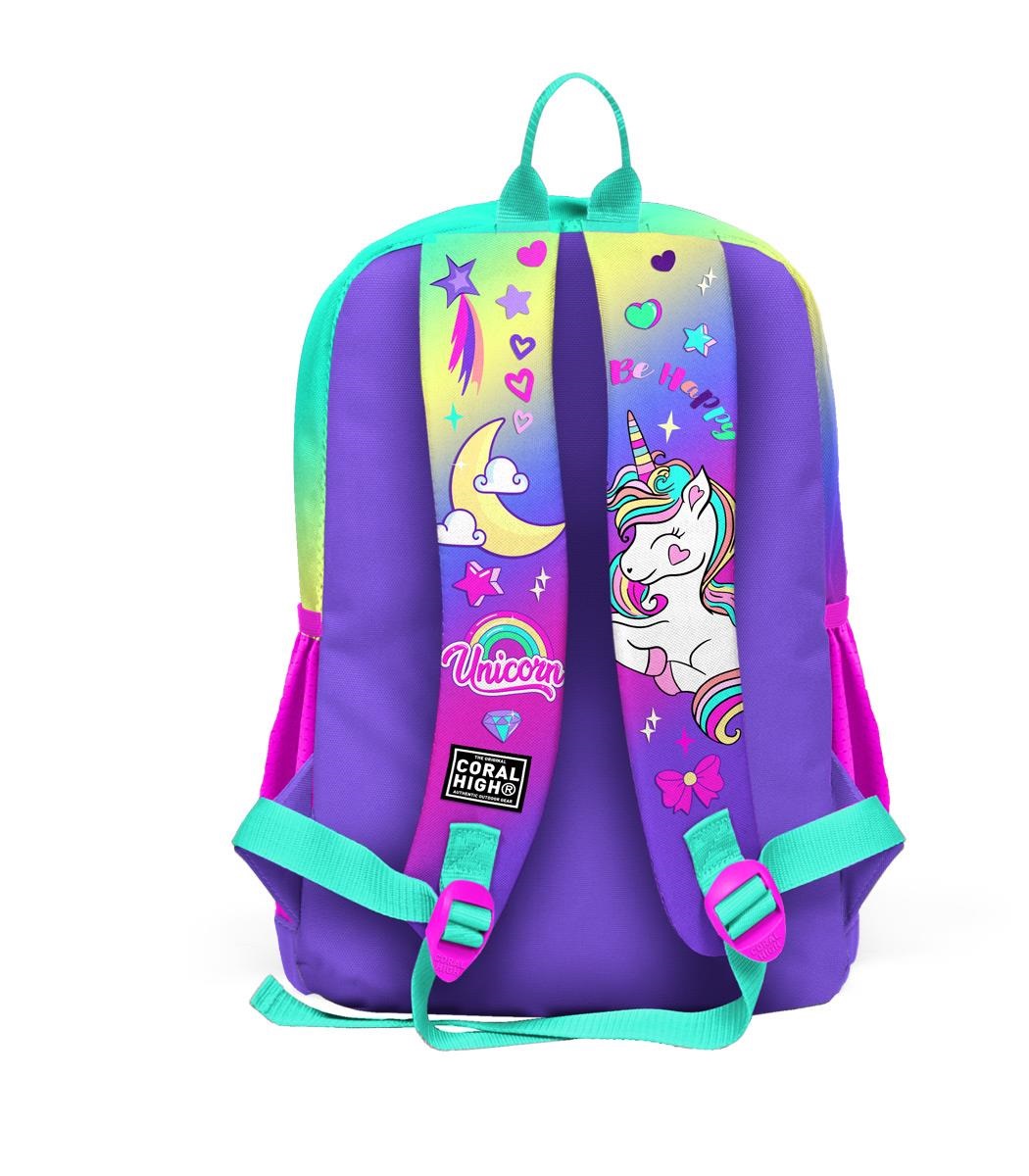 Coral High Kids Four Compartment School Backpack - Lavender Water Green Unicorn Patterned