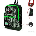 Coral High Kids Four Compartment USB School Backpack - Dark Green Black Dinosaur Patterned