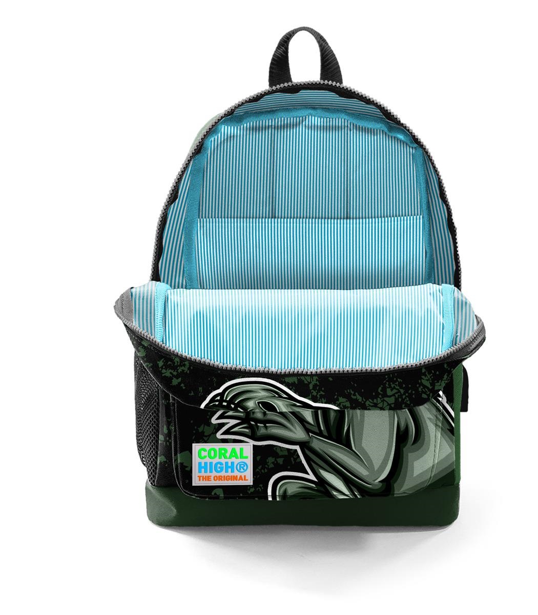 Coral High Kids Four Compartment USB School Backpack - Dark Green Black Dinosaur Patterned
