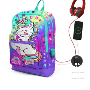Coral High Kids Four Compartment USB School Backpack - Lavender Water Green Unicorn Patterned