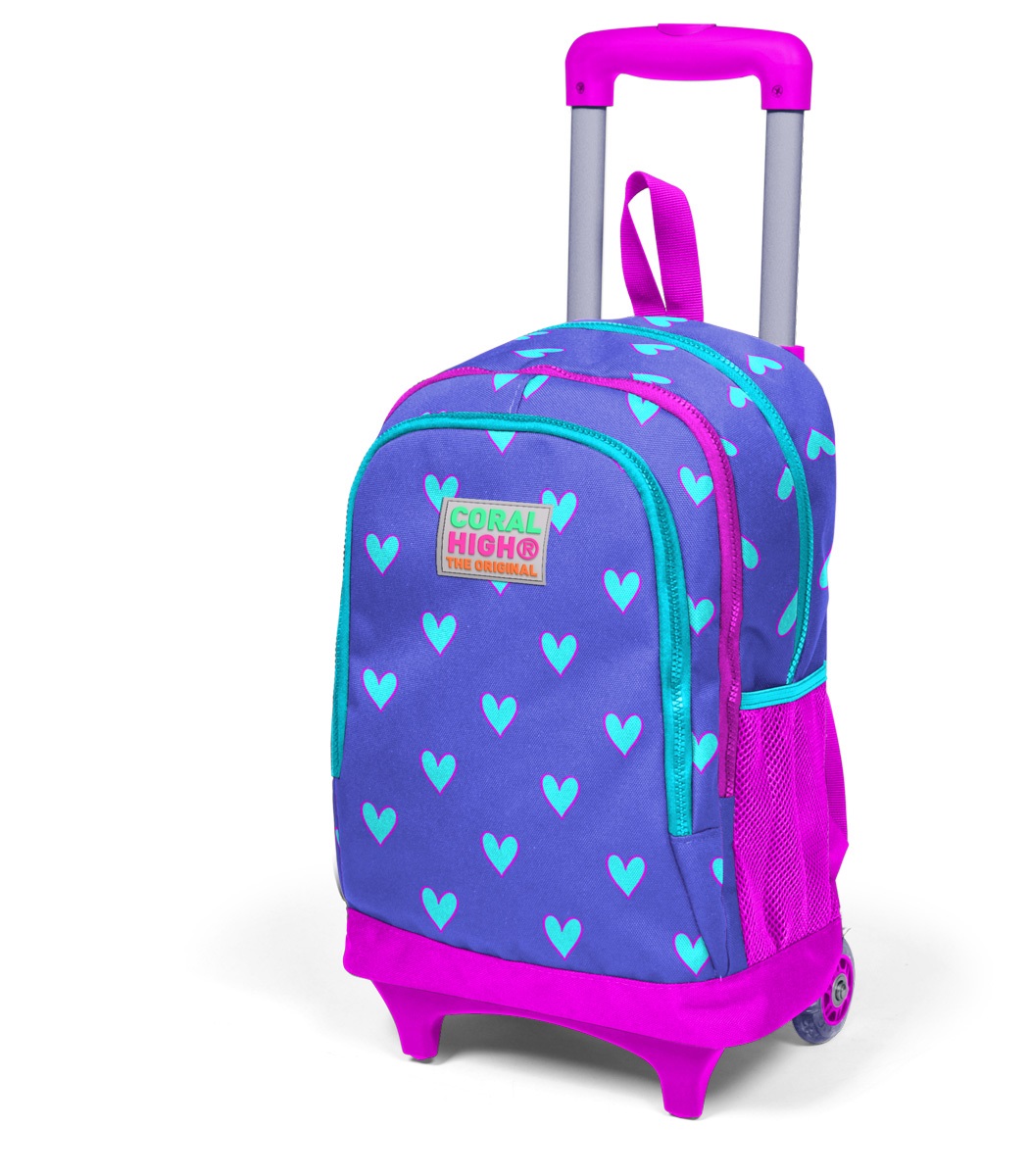 Coral High Kids Three Compartment Squeegee School Backpack - Lavender Pink Heart Pattern