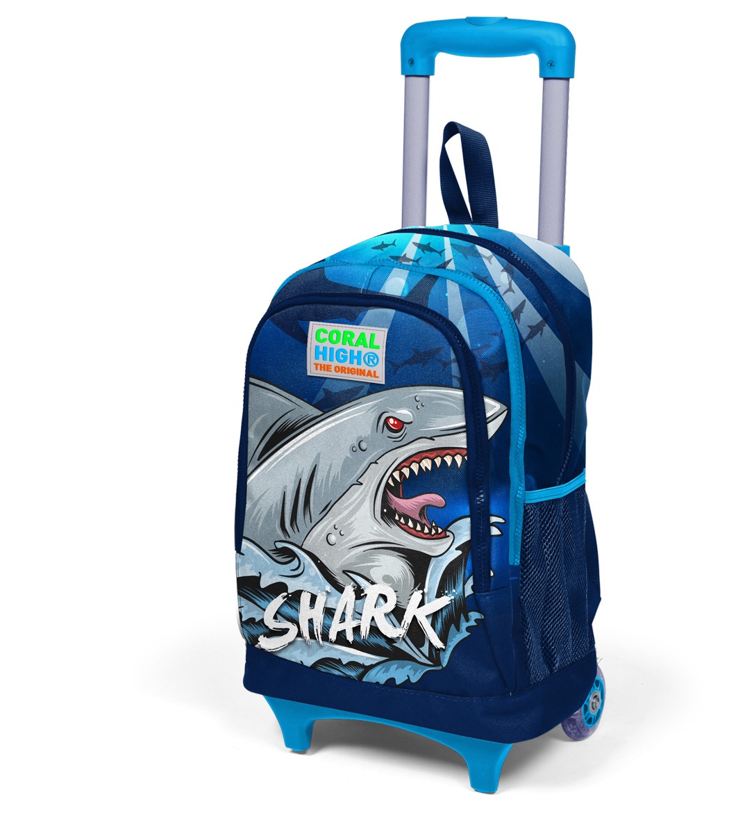 Coral High Kids Three Compartment Squeegee School Backpack - Navy Blue Shark Pattern
