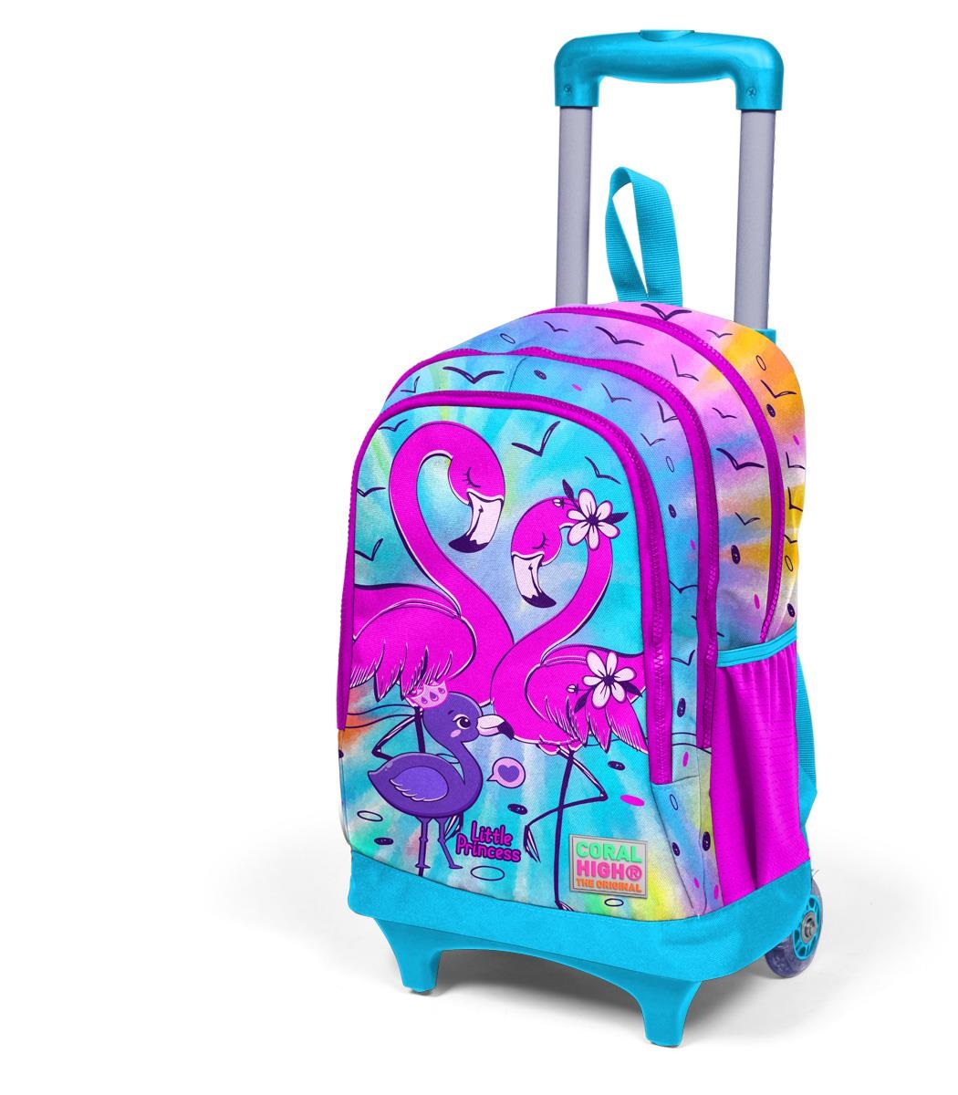 Coral High Kids Three Compartment Squeegee School Backpack - Blue Pink Flamingo Patterned