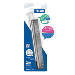 Milan Blister Pack Eraser Metal Ruler 15cm